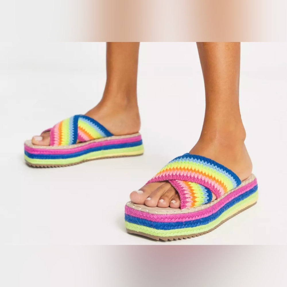 ASOS DESIGN Jazlyn flatform crochet mules in rainbow